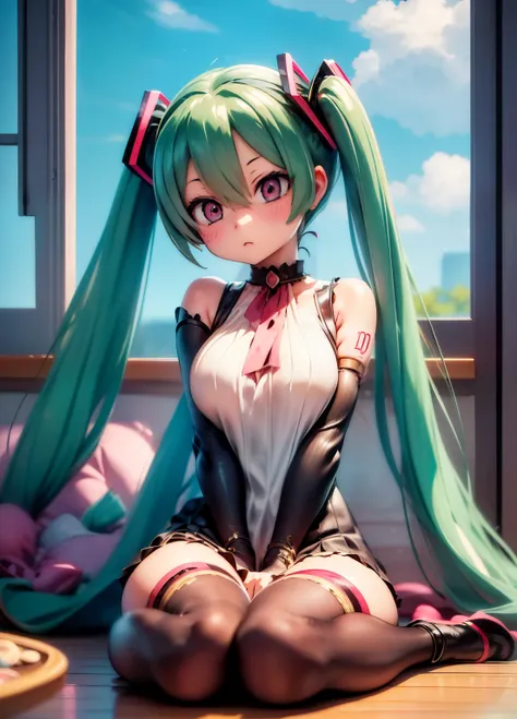 (masterpiece、Best Quality、Best Quality、Official Art、Beautiful and beautiful:1.2)、(One person:1.3)Hatsune Miku、Twin tails,Beautiful breasts,Anime cat-eared girl sitting on a shelf and looking at the sky, Anime illustrations inspired by Makoto Shinkai, Trend...