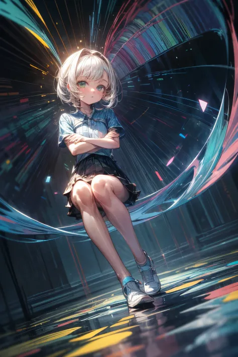 ((high quality)), ((masterpiece)), (in detail), 1 girl ((2)), hologram, on the computer, front view, girlish pose, expenses, relaxed, crossed arms, interested look, small hologram ripple, colors blue and green