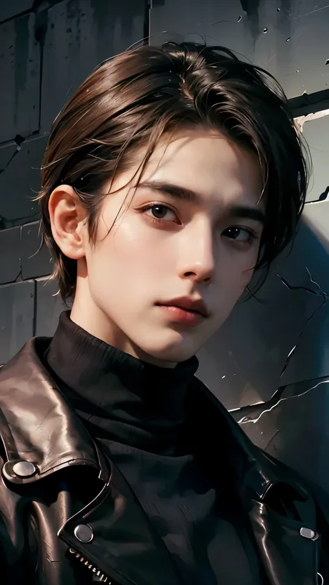 {anime semi-realism, highly detailed illustration,  face to torso, from below, close upshot}. A stunningly beautiful half asian male leaning against the wall. He has short, black disheveled hair styled. He is wearing a black leather jacket layered over an ...