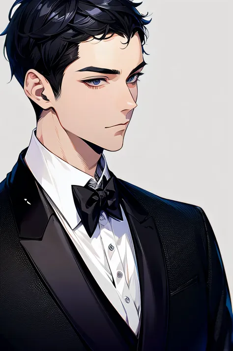 japanese　　handsome　short cut　shaved head　black hair　male　black tuxedo　formal　upper body　background universe　face close-up