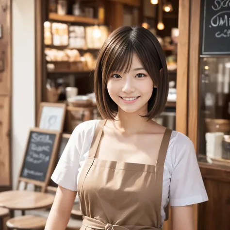 Japanese (masterpiece, Best Quality, Ultra-high resolution), (:1.3),One Girl,short hair, Brown Hair, beautiful、Detailed face, Detailed eyes,Cafe clerk in apron, At the cafe,(30th Generation)((smile)), (D cup breasts:1.1)