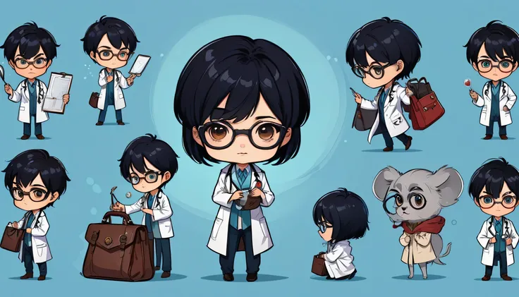 chibi style illustration magical doctor with short hair,black hair. who wore glasses, man and a lab coat, putting her hand into ...