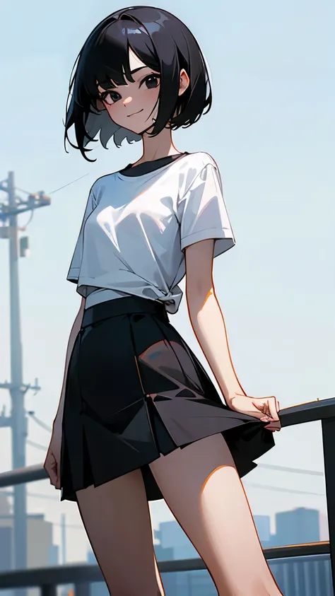 Pretty girl, Metaphor, black hair, Black eyes, Slender, White T-shirt, black short skirt, small city, Close up, standing posture, Short hair, A bright smiling expression, cute face