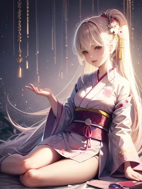 Hyper-realistic, Very detailed, High resolution 16K images, A beautiful female ghost or guardian spirit. She has light pink hair and translucent skin, She is wearing a traditional Japanese kimono with a small cherry blossom pattern on the obi.。. This image...