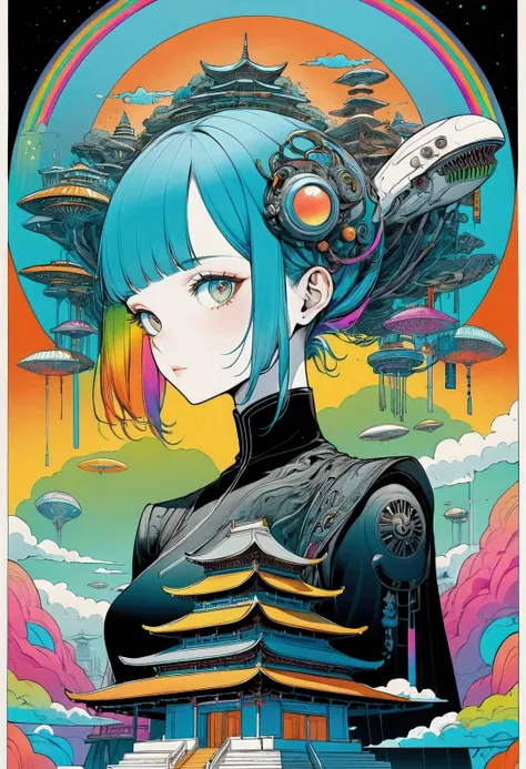 ((best quality)), ((masterpiece)), (detailed), perfect face of cyberpunk mecha japanese girl, neon rainbow eyes, metallic black body, rainbow hair, ((monochromatic neon rainbow color palette)), surreal, art nouveau, in the illustrative style of moebius, sp...