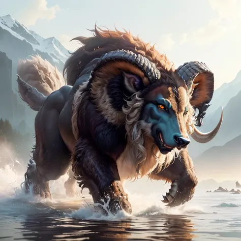 there is a large animal that is running in the water, mythical creature, surreal hybrid animals, hyper realistic fantasy monster, a minotaur wolf, tauren, realistic creature concept, mythical creatures, a mythical creature, hybrid animal, anthropomorphic c...