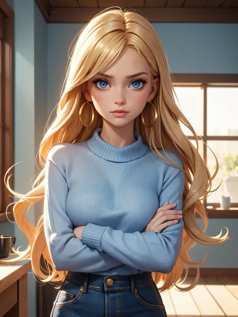 The camera captures a fair-skinned young woman, long golden blonde hair and piercing blue eyes, her upturned nose gives her a unique and attractive appearance. Her full lips are adorned with a touch of lipstick, she is wearing a soft blue sweater, and a da...