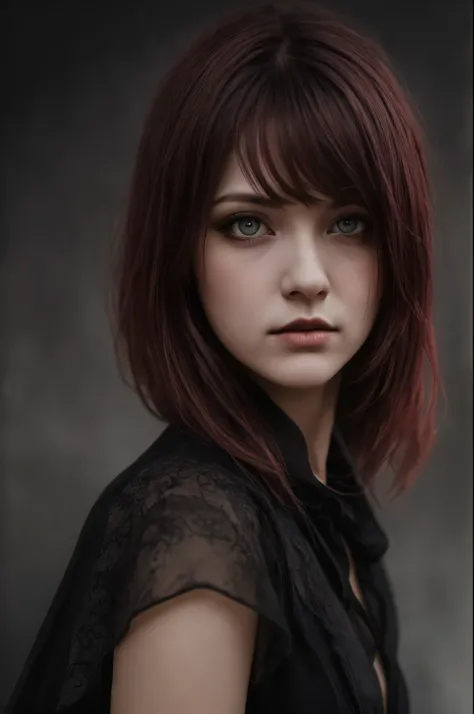 (Realistic:1.2), analog photo style, cute woman with short black-red multicolored hair, red eyes, (Gloomy and dark atmosphere), soft natural light, faded colours, black ultra transparent cloth, sexy, great quality, Masterpiece, detailed fantasy background,...