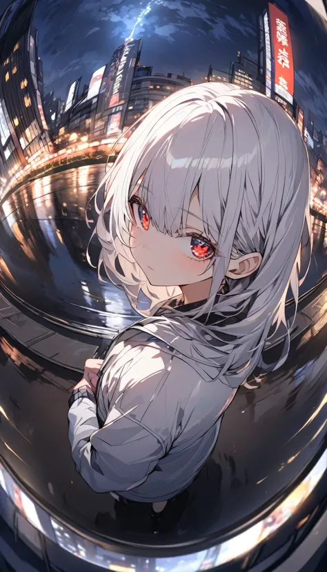 One woman with white hair, red eyes, wearing a light jacket, fisheye lens, night, after rain, ground with city lights reflecting in the background, night, lonely look, reflection, reflective ground