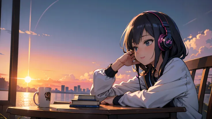 Anime girl wearing headphones napping at a table with a book, Anime atmosphere, LOFI Girl, Lofi Artstyle, Anime art wallpaper 4 K, 4k anime art wallpaper, Sunset Sky, 4k anime style, 8k anime art wallpaper, anime aesthetic, Lofi Art, 4k anime wallpaper, An...