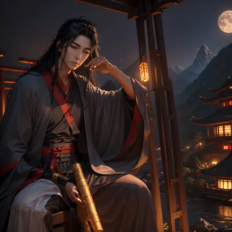 a handsome black haired long haired youth playing flute, chinese landscape, bamboo forest, ancient chinese architecture, pagodas...