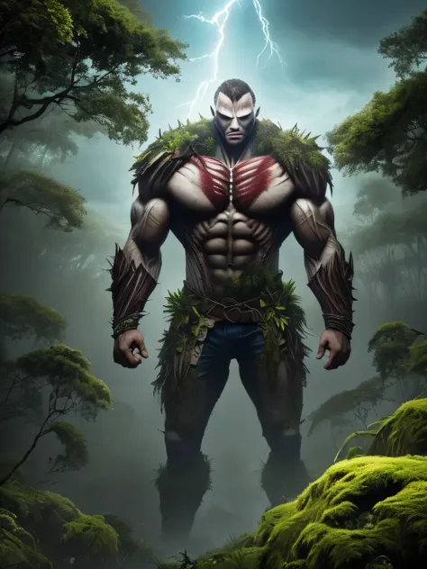 a gigantic humanoid titan, with large and visible muscles, the marks of your veins are like rivers in the middle of the forest, representing the strength of the Amazon rainforest. He is huge, your skin is covered in moss and roots, and trees grow on their ...