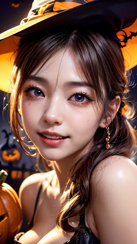 (All，20 year old Japanese woman, Detailed face, Beautiful detailed eyes, Fine droopy eyes,A beautiful and attractive smile, extremely Detailed face, cute:2.0), (Anime Style,Halloween Party:2.0), Colorful lighting, Pumpkin decoration, Haunted House, fog, Sp...