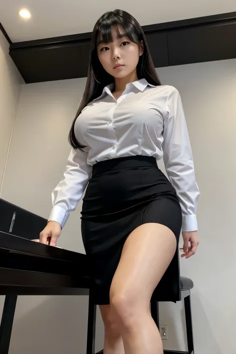 a composition that captures the whole body（from below:1.5）、young japanese female new employee、black business suit set（black jack...