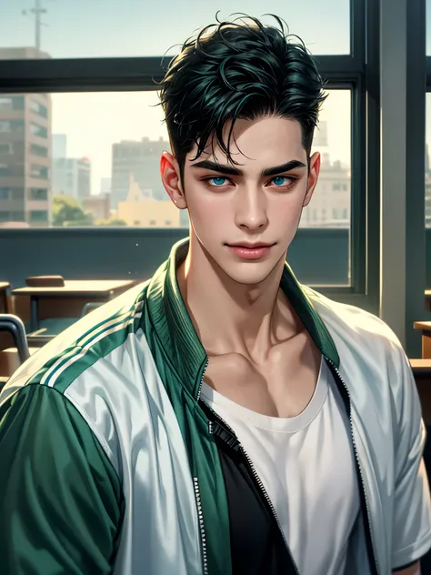 a handsome young man, black hair, badboy, short hair, blue eyes, ombros largos, masterpiece, absurd face, beautiful and detailed, gentle smile, with a dark green adidas jacket over a black t-shirt, sunny environment during the day, in a classroom 