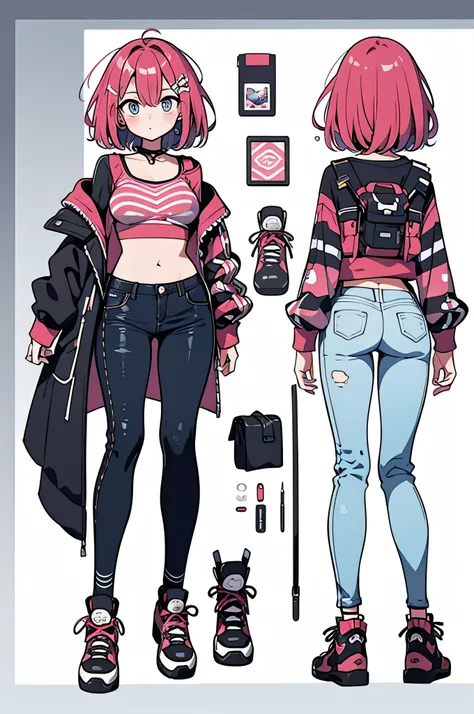 longeyelashes, Full Body Design, concept art, anime art, Private Server, sneakers, jeans, tight tops, sexy, thick thighs, huge ass, whole body, Front View, modern style, Simple Background, character sheet, inner color for hair, casual clothes, character de...