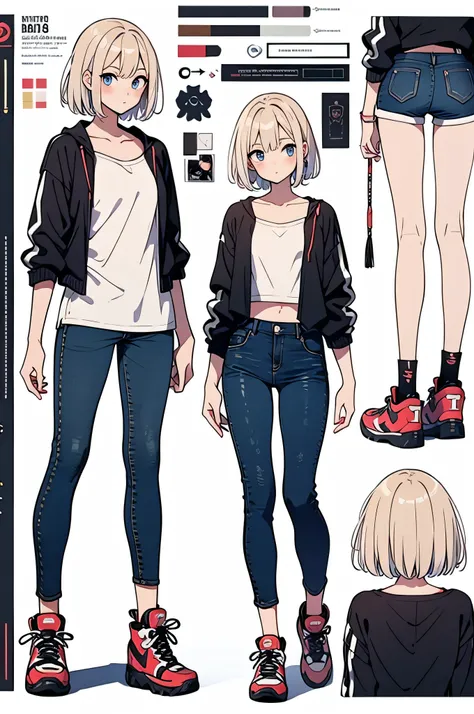 longeyelashes, Full Body Design, concept art, anime art, Private Server, sneakers, jeans, tight tops, sexy, thick thighs, huge ass, whole body, Front View, modern style, Simple Background, character sheet, inner color for hair, casual clothes, character de...