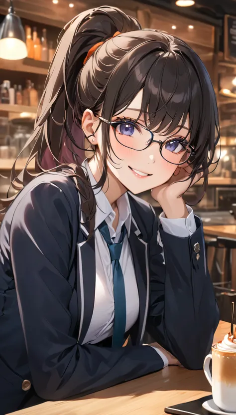 masterpiece, beautiful girl, Wearing glasses, Black Hair, Tie your hair in a ponytail, Smile at the speaker, High-quality images, masterpiece, Cafe