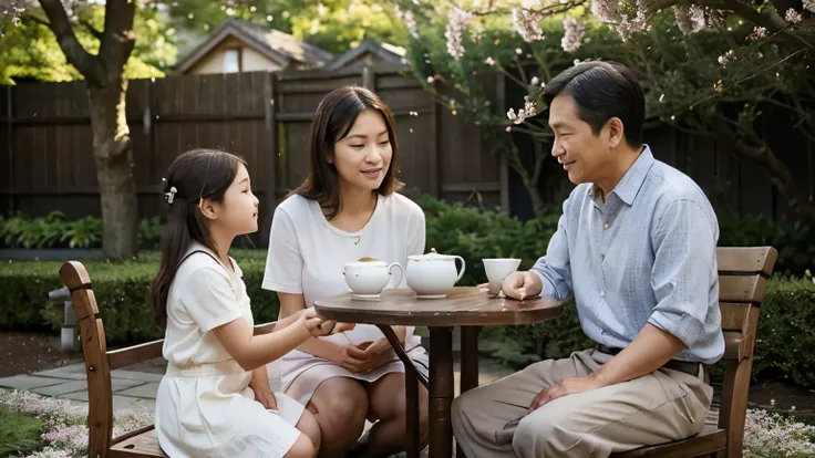 A heartwarming scene depicting the concept of filial piety within a traditional Asian family. The image features an adult child respectfully kneeling in front of both elderly parents, a father and a mother, who are seated on a wooden bench in a peaceful, s...