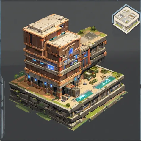 game asset, topdown-isometric, futuristic barracks. real time strategy game asset with white background borders, not cut, do not...