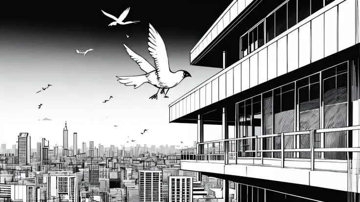 architecture，Tokyo，Anime Background，Black and white line drawing，Bird&#39;s-eye view city，High-rise buildings，No characters