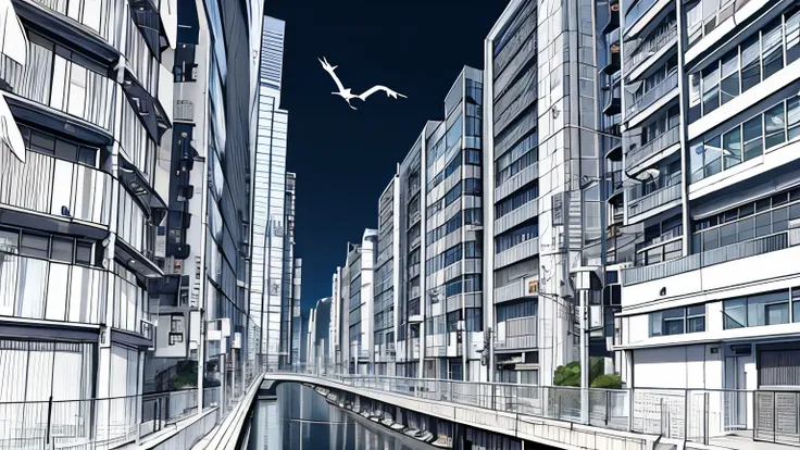architecture，Tokyo，Anime Background，Black and white line drawing，Bird&#39;s-eye view city，High-rise buildings，No characters