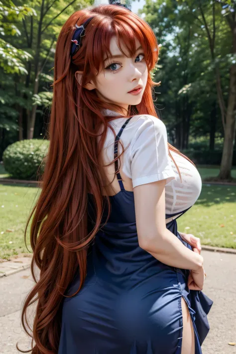 Rias Gremory, 1 girl, long hair, Sheer fitted nurse dress, (dress so tight and a little high that you can see her correa), Red hair, choke, Blue eyes, big breasts, very long hair, breasts, correa , huge choke, socks, from behind posing in a park.