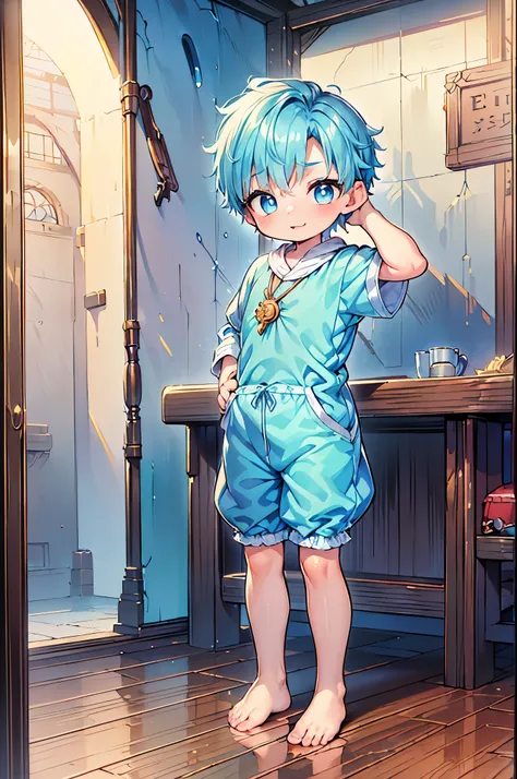 4k, (Masterpiece:1),  with blue colored hair and shiny, glowing cyan eyes and barefoot, arms up, epic, cinematic, young, boy, child, small, toddler, tiny feet, focus on feet, feet, blushing, (Young:1.4), (Child:1.4), (Shota:1.4), (male:1.4), (boy:1.4), (ro...