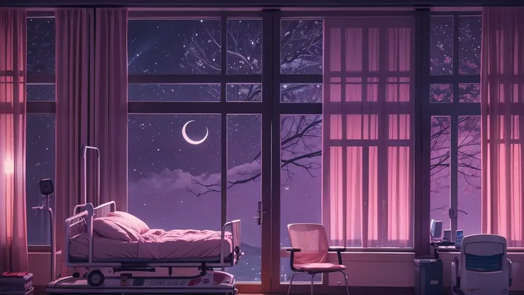 hospital, night time, calm, peaceful, hospital bed, windows, moon light, beautiful scene outside, pink light