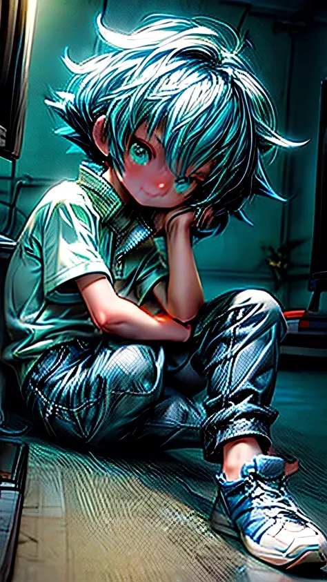 Best quality: 1.0), (Super High Resolution: 1.0), Anime boy, short royal blue hair, green eyes, grey zip up jacket, Nintendo t-shirt, slight smile, long blue jeans pants, blue and white tennis shoes, sitting in front of computer playing games, background i...