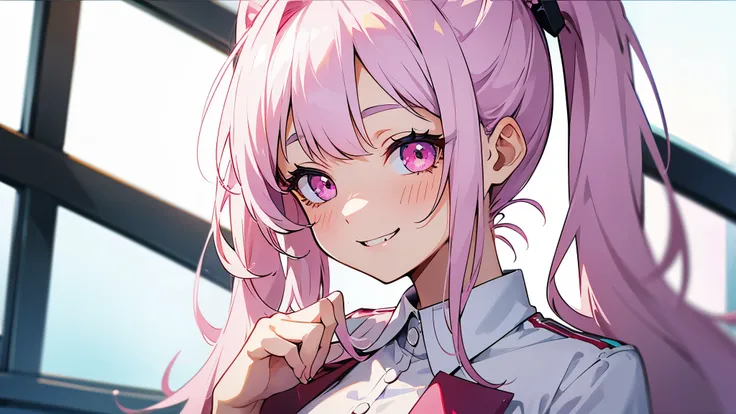 one girl, very beautiful face, beautiful eyes, pink eyes, detailed eyes, detailed face, detailed hair, masterpiece, anime girl, pink eyes, white hair , kawaii, two pony tails, very young, big boobs, pixiv, illustration, very high quality, masterpiece, vamp...