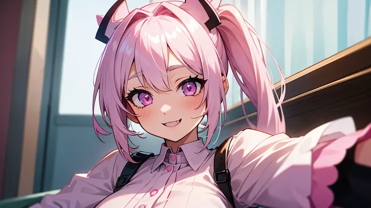 one girl, very beautiful face, beautiful eyes, pink eyes, detailed eyes, detailed face, detailed hair, masterpiece, anime girl, pink eyes, white hair , kawaii, two pony tails, very young, big boobs, pixiv, illustration, very high quality, masterpiece, vamp...