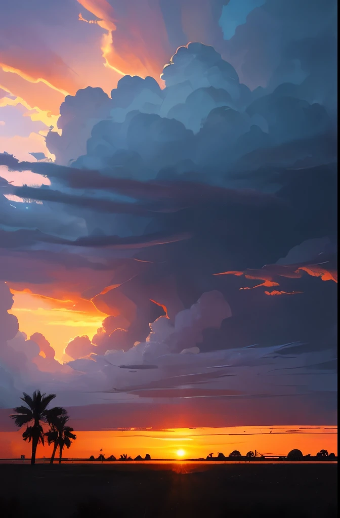 arafed view of a field with palm trees and a sunset, by Jason A. Engle, by Richard Gruelle, by Jim Murray, evening storm, by Greg Staples, by Neil Blevins, gorgeous atmosphere, evening sunset, incredibly beautiful, stormy setting, by Nicholas Marsicano, by...