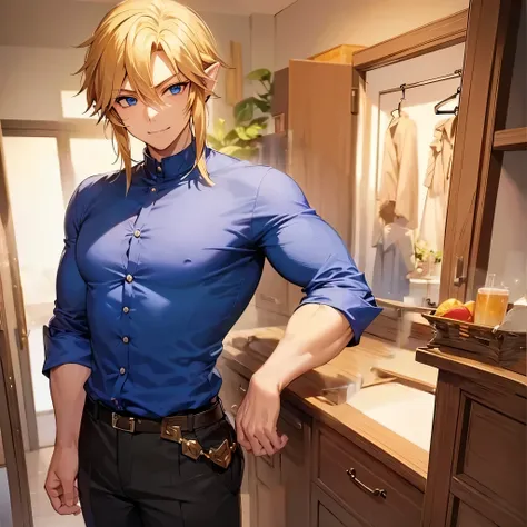 Link from the Legend of Zelda is aged 24. Slightly long blonde hair. Beautiful eyes. Insanely sensual smile. Charming and confident young man. Elegant trousers with belt