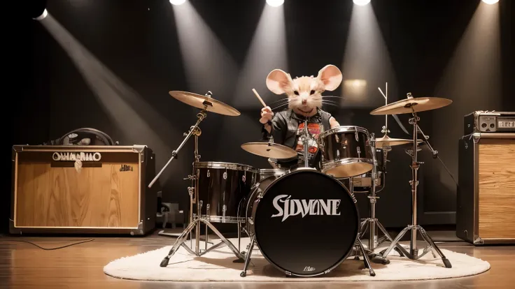 mouse dressed as a rocker playing drums