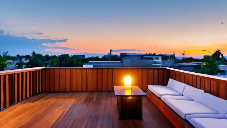 Best Quality, 4K, 8k, View from above, Balcony on the roof of a building, Made of varnished wood, Cozy, With armchair, Dark Places, Hanging Candle Lantern, Building background with colorful LED lights, full moon shining in the sky , bright stars, few cloud...