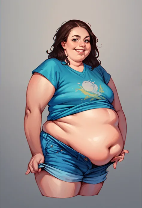1 woman, 30 years old, wearing jean shorts and a blue t shirt, she is pull up her shirt to show her pot belly, her pants are pulled up high past her navel, fat belly, giant chest, big smile, realistic anatomy, very detailed belly