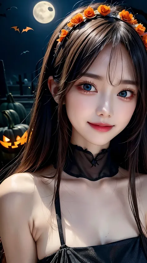 ultra-detailed,master piece,best quality,high resolution,detailed face,thin、cute、One Woman、Long black hair, Large Breasts、(((Big smile)))、Anatomically correct, （A night with a big moon、The border of a mysterious atmosphere、Dead Tree、Bats flying、Cemetery、）(...