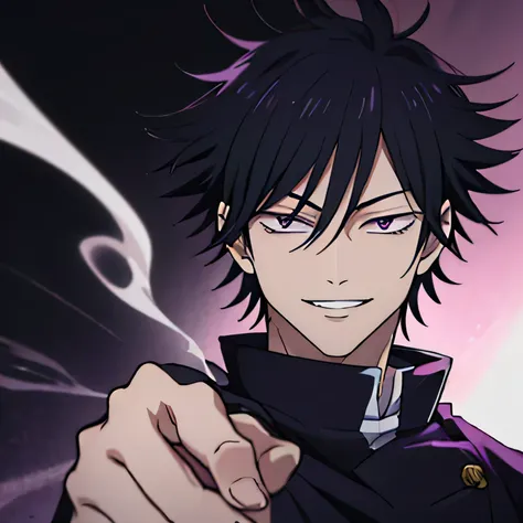 smiling man smoking cigarette, yami sukehiro,jujutsu uniform,  purples eyes, bblack hair, shorth hair, 
 estilo anime jujutsu ka...