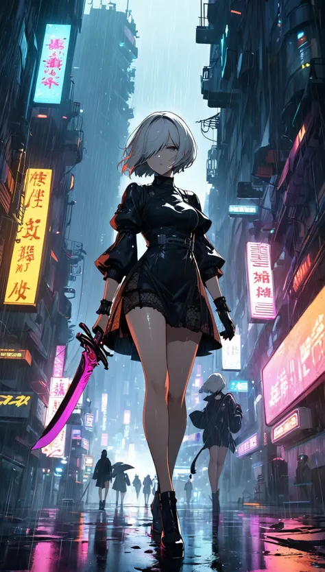 Masterpiece, midnight,  2b nier automata , with sword in scabbard, beautiful lady walking through a futuristic city, heavy rain, her hair is soaked and lies flat stuck to her face, moonlight, tense, portrait, dark shadows and neon lights, cyberpunk bladeru...