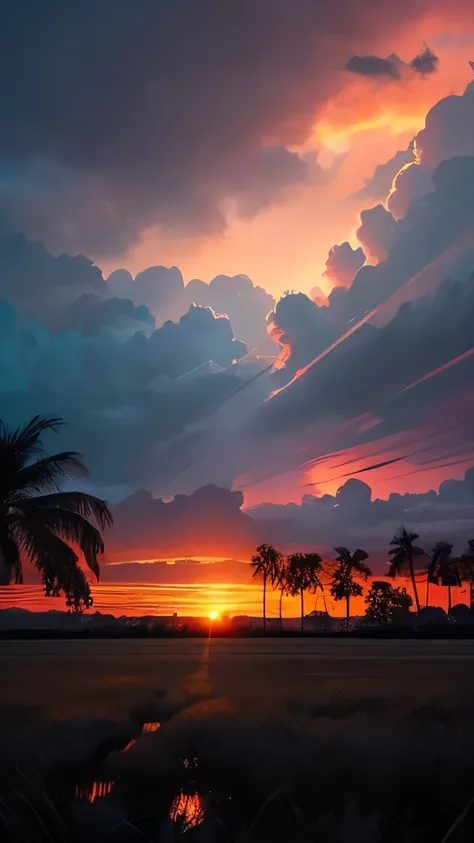 arafed view of a field with palm trees and a sunset, a portrait by Jason A. Engle, flickr, conceptual art, evening storm, gorgeous atmosphere, evening sunset, incredibly beautiful, stormy setting, chris moore”, florida, nice colors, beautiful late afternoo...