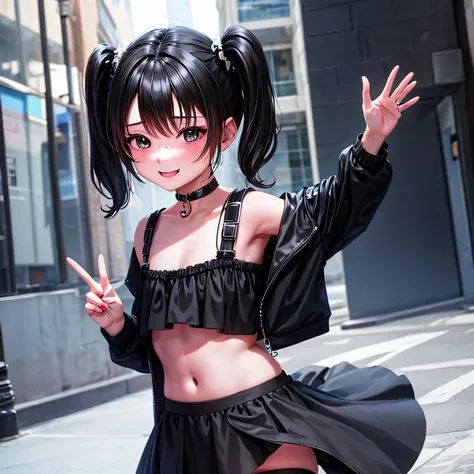 young girl, with black pigtails, choker, cute girl, kawaii, happy, black clothes, shy, cold, no hand on face, smile