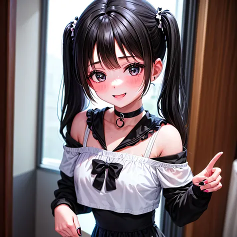 young girl, with black pigtails, choker, cute girl, kawaii, happy, black clothes, shy, cold, no hand on face, smile