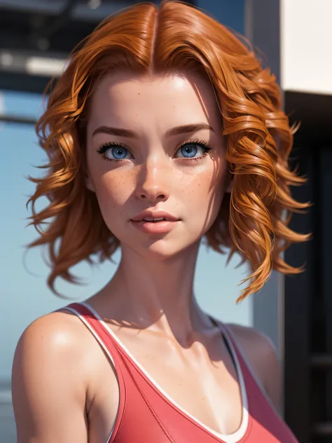 intricate background, rule of thirds, dramatic lighting, detailed face, cleavage, looking at viewer, detailed nose, freckles, smirk, tanktop, croptop, 3d, 3drender, daz3d, analog, Catherine_PV