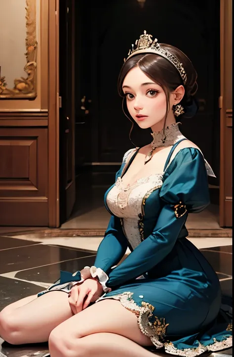 there is a woman sitting on the floor in a dress, rococo dress, # rococo, rococo queen, dress in the style of rococo, rococo fashion, rococo ruffles dress, victorian style costume, victorian inspired clothing, with victorian clothing, in victorian aristocr...