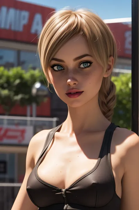 intricate background, rule of thirds, dramatic lighting, detailed face, cleavage, looking at viewer, detailed nose, freckles, smirk, tanktop, croptop, 3d, 3drender, daz3d, analog, Ellie_LT