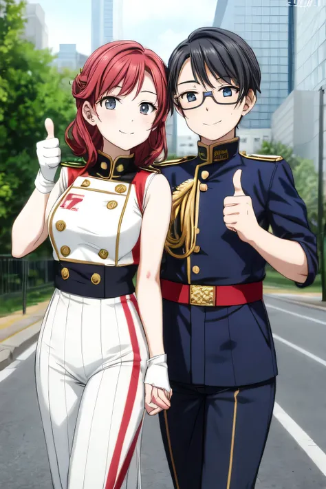 A couple taking a photo together wearing red, blue and white marching band uniforms, thumbs up pose