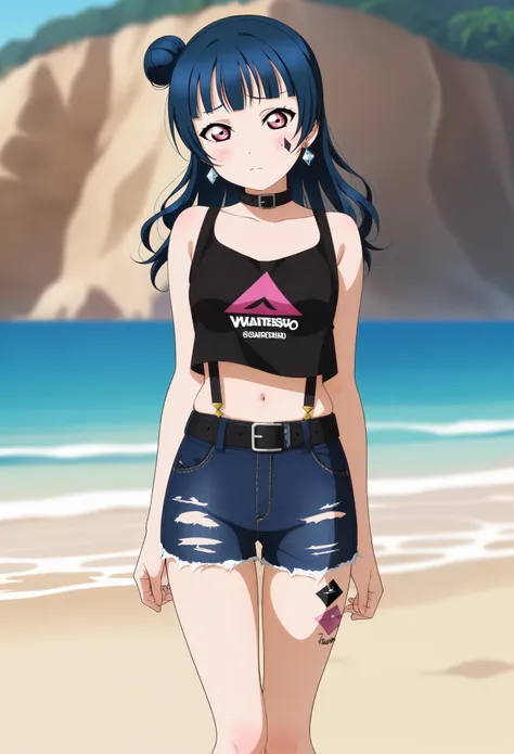 masterpiece, best quality, anime art, front light, solo, yoshiko tsushima, long hair, bangs, blue hair, (pink eyes:1.3), hair bun, single hair bun, single side bun,front view,bare shoulders ,black belt ,black choker ,black collar ,black shirt ,denim shorts...