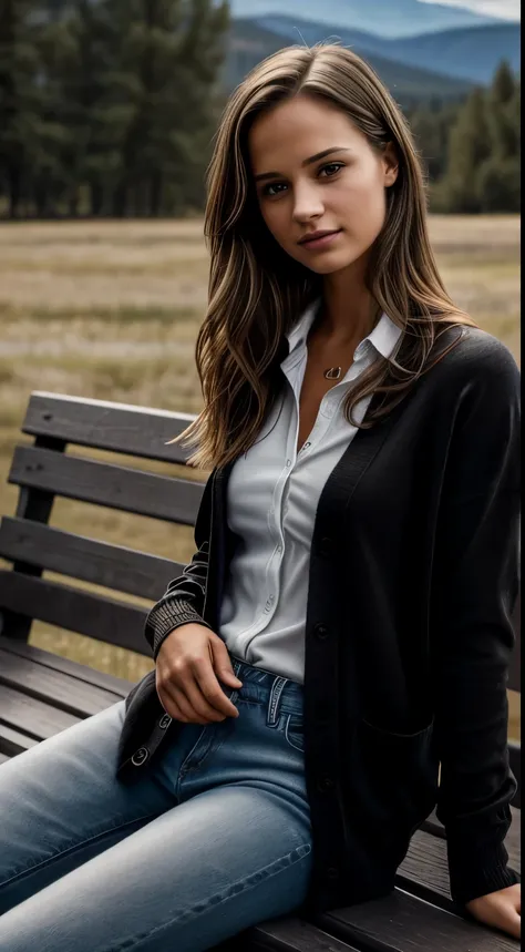 Foto hiperrealista en primer plano de Alicia Vikander, masterpiece, best quality, (photorealistic:1.4), full body, (wearing black black black buttoned up red cardigan over white shirt:1.2), (jeans:1.2), on the ranch, grey day, Montana mountains in the back...