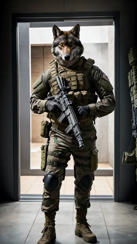 Special forces in uniform in hand M1A1 Head like a wolf body build jock